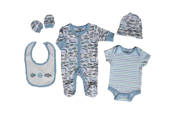 100% Cotton Combed  Interlock  5 Piece Baby Gift Set Of Sleep Body Bibs Hat Gloves