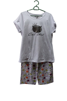 Two Piece Short Sleeve Pyjama Set Lovely Cat Print Solid Or Melange Color