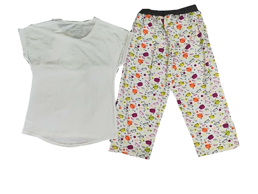 Two Piece Short Sleeve Pyjama Set Lovely Cat Print Solid Or Melange Color