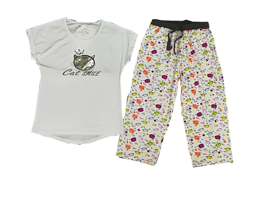 Two Piece Short Sleeve Pyjama Set Lovely Cat Print Solid Or Melange Color